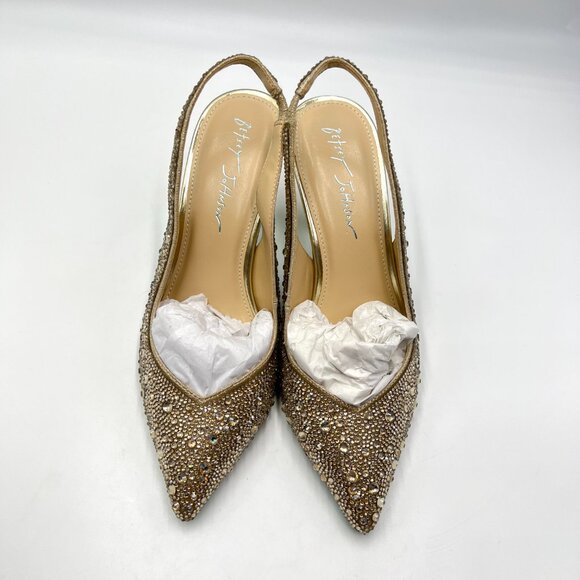 Betsey Johnson Size 6.5 Clark Gold Jewel Encrusted Slingback Heels Pumps‎ Shoes - Picture 3 of 13